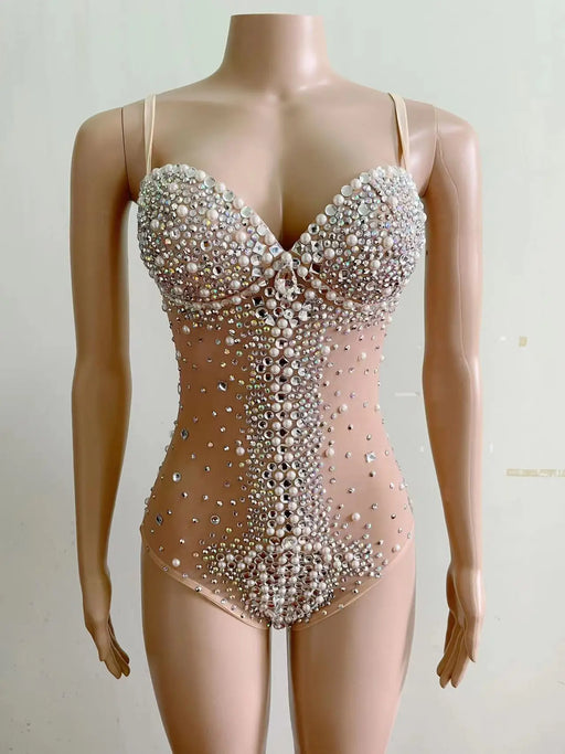 Sultry Black Nude Rhinestones Pearl Bodysuit: Command the Stage