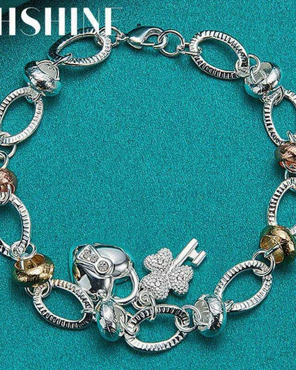 Radiant 925 Sterling Silver Heart Lock Clover Bracelet with Dazzling Zircon Stones