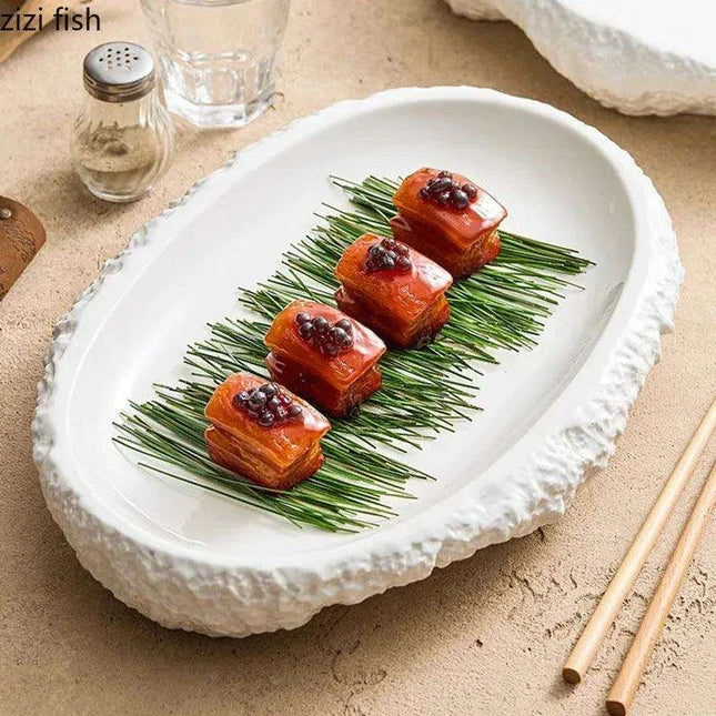 Nature-Inspired Textured White Ceramic Dinner Plate for Elegant Dining