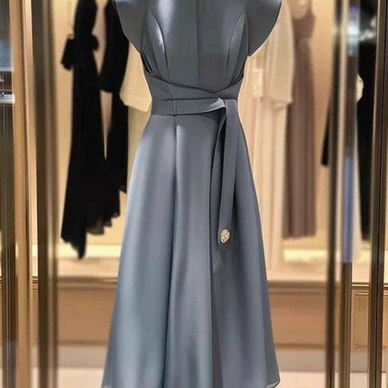 Chic A-Line Midi Dress with Lace Up Detail and Flying Sleeves for Women - Summer Office Wear F618