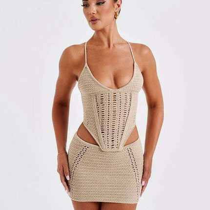 Backless Lace-Up Knitted Crop Top and Mini Skirt Set for Women - Elegant Club Outfit