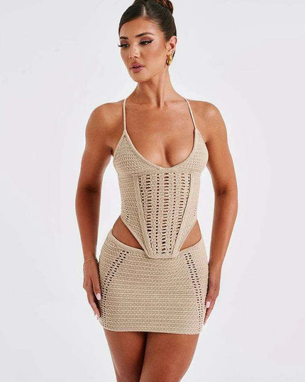 Backless Lace-Up Knitted Crop Top and Mini Skirt Set for Women - Elegant Club Outfit