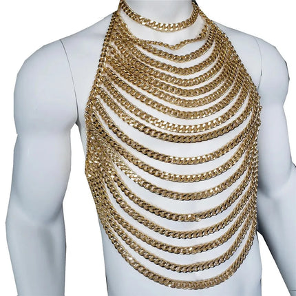 Men's Gold Metal Chain Halter Body Chain — Lace-Up Backless Design
