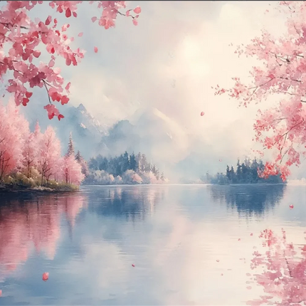 Mountain Lake Cherry Blossom 3D Mural Wallpaper