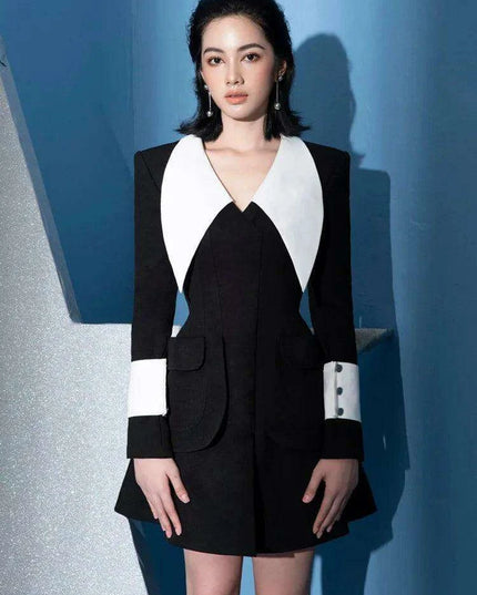 A-Line Summer Office Dress with Stylish Lapels and Functional Pockets