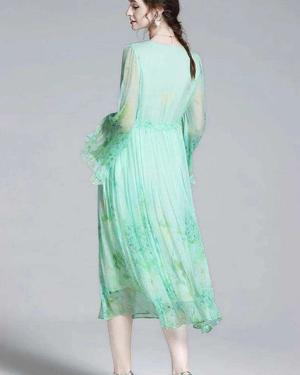 Chic V-neck A-line Dress in Luxurious French Silk with Flared Sleeves