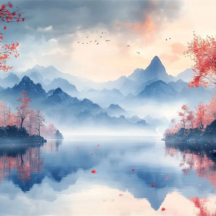 Mountain Lake Cherry Blossom 3D Mural Wallpaper