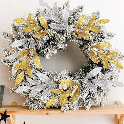 Glitter Artificial Bay Leaf Branches for Christmas Trees, Wreaths & Crafts