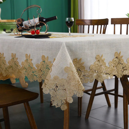 Warm Textile Home White Linen Cotton Rectangular Table Cover with Lace