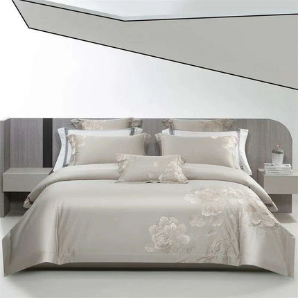 Elegant Floral Embroidered 1400TC Egyptian Cotton 4-Piece Duvet Cover and Sheet Set with Pillowcases