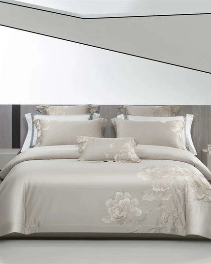 Elegant Floral Embroidered 1400TC Egyptian Cotton 4-Piece Duvet Cover and Sheet Set with Pillowcases