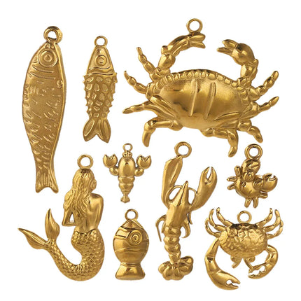 5PCS Stainless Steel Lobster Charms Mermaid Crab Connectors Gold-Plate
