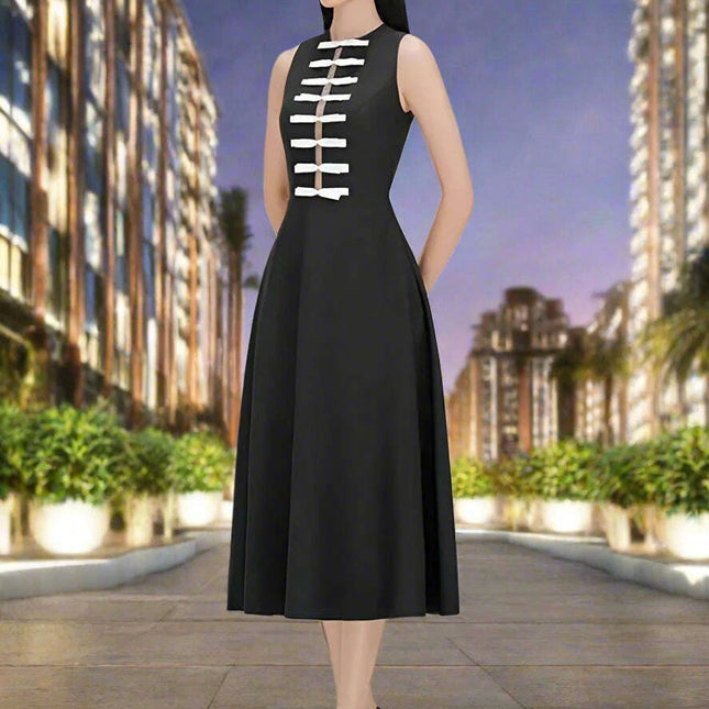 Elegant Sleeveless Women's Party Dress with Bow Accent and Cut-Out Waist - Solid Color Summer Fashion 2024