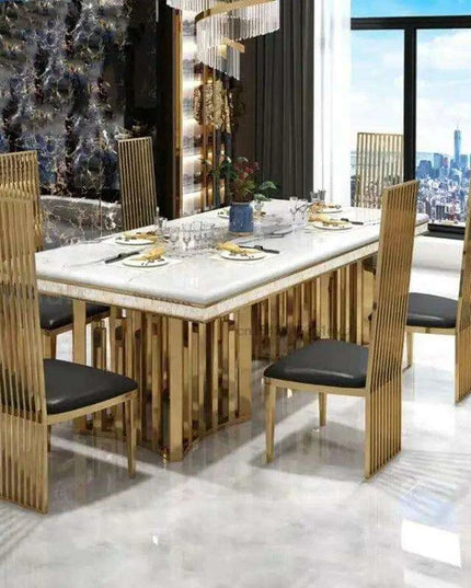Exquisite Italian-Inspired White Marble Dining Set with Sleek Stainless Steel Chairs - Limited Edition