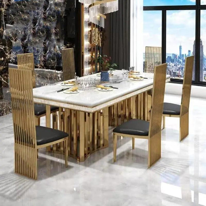 Exquisite Italian-Inspired White Marble Dining Set with Sleek Stainless Steel Chairs - Limited Edition