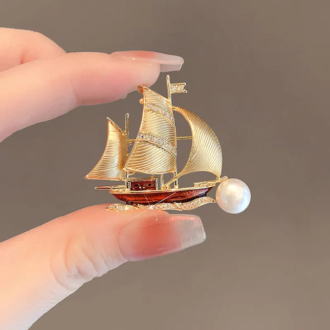 Crystal Pearl Sailing Ship Brooch — Elegant Gold Pin