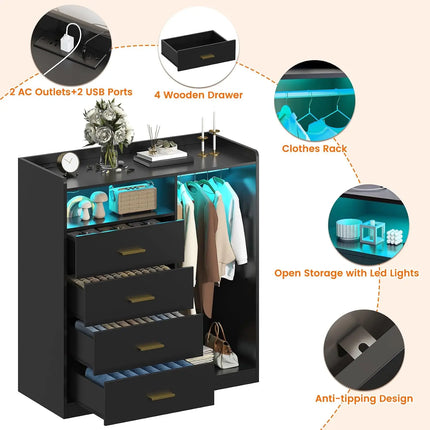4-Drawer Dresser with Clothes Rack, LED Light, Power Outlet, Shelf, Bedroom Storage, 15.7"D x 43.3"W x 45.7"H, Customized 4-drawer-dresser-with-clothes-rack-led-light-power-outlet-shelf-bedroom-storage-15-7d-x-43-3w-x-45-7h-customized