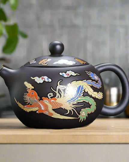 Mystical Heat-Responsive Purple Clay Teapot with Dragon and Phoenix Motif