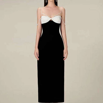 Elegant Backless Color Block Slip Dress with Zipper & Side Slit for Women