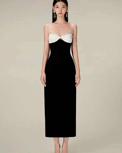 Elegant Backless Color Block Slip Dress with Zipper & Side Slit for Women