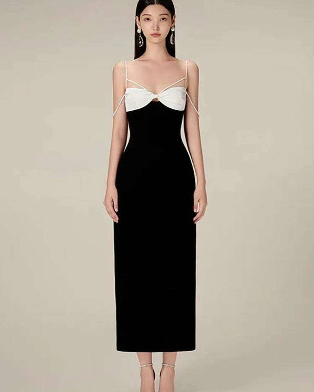 Elegant Backless Color Block Slip Dress with Zipper & Side Slit for Women