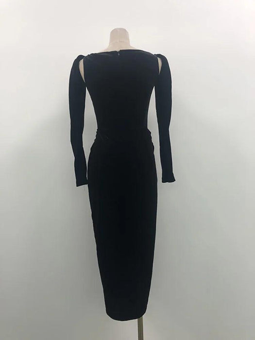 Chic Velvet Long Sleeve Cross-Front Dress with Zipper Detail for Women