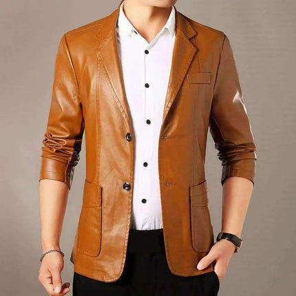 Men's Premium Faux Leather Lapel Jacket with Elegant Button Cuffs and Practical Pockets
