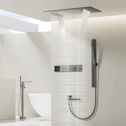 Gun Gray Brass LED Digital Display Thermostatic Shower Set Ceiling Mount Rain Shower Head Adjustable Slide Bar Bathroom Faucet gun-gray-brass-led-digital-display-thermostatic-shower-set-ceiling-mount-rain-shower-head-adjustable-slide-bar-bathroom-faucet