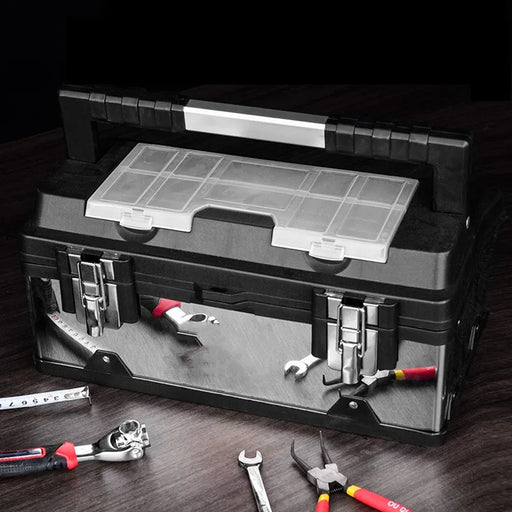 Portable Stainless Steel Toolbox Organizer with Double Layer Storage and Handle