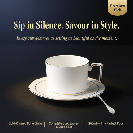 Gold-Rimmed Bone China Coffee Cup & Saucer Set | Très Elite