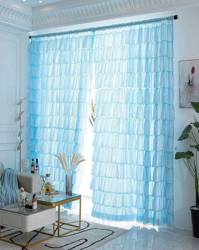 Elegant Blue Ruffled Semi-Blackout Curtains for Living Spaces and Girls' Rooms - Soft Tulle Drapes