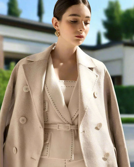 Elegant Women's Autumn 2-Piece Suit with Contrast Lines Belted Jacket and Slim Tweed Dress