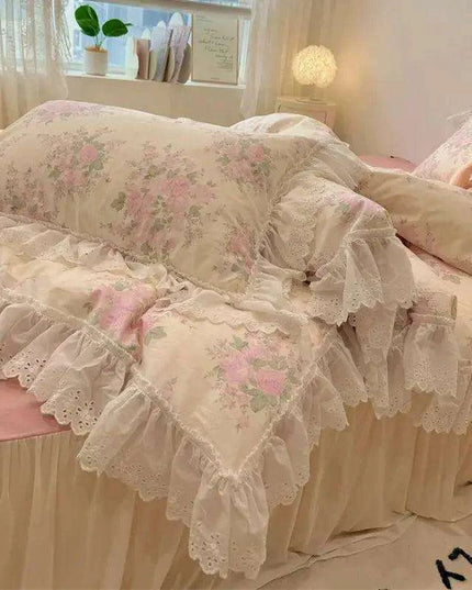 Elegant Floral Lace Ruffled Cotton Bedding Collection with Duvet Cover, Bed Skirt, Fitted Sheet, and Pillowcases
