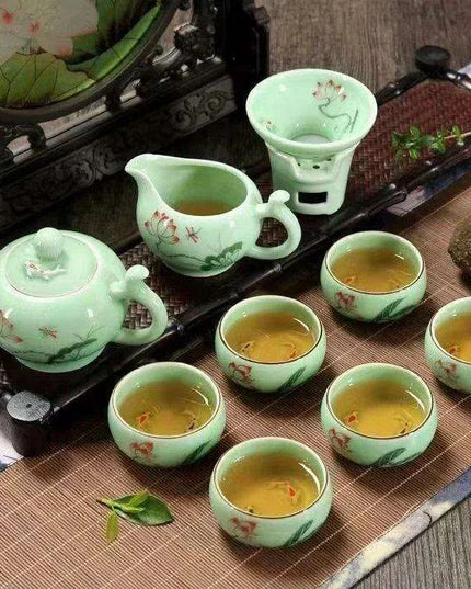 Lotus Landscape Longquan Celadon Kung Fu Tea Set - Exquisite 9-Piece Gift Collection for Tea Enthusiasts