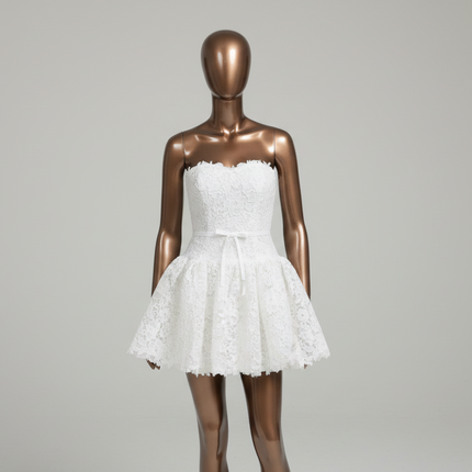 White Lace A-Line Mini Homecoming Dress — Strapless, Bow Waist, Custom Fit