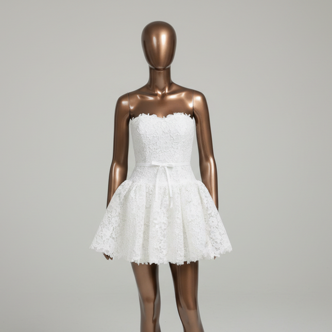 White Lace A-Line Mini Homecoming Dress — Strapless, Bow Waist, Custom Fit