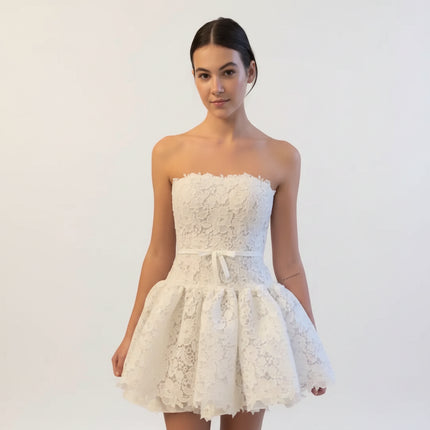 White Lace A-Line Mini Homecoming Dress — Strapless, Bow Waist, Custom Fit