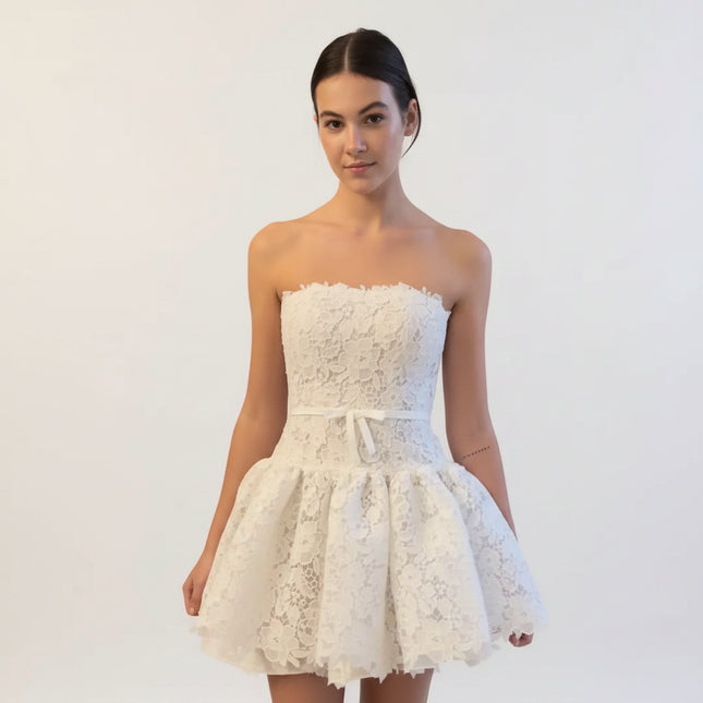 White Lace A-Line Mini Homecoming Dress — Strapless, Bow Waist, Custom Fit