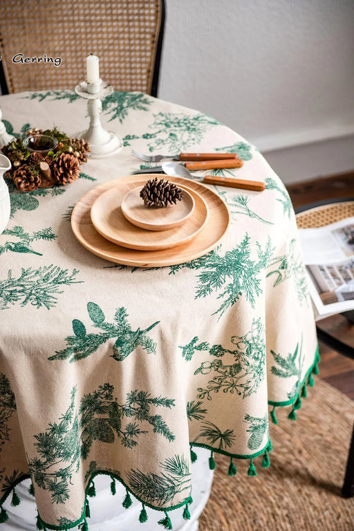 Elegant Green Printed Cotton Linen Tablecloth