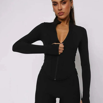 Black Zippered Athletic Tracksuit with Long Sleeve Top and Shorts Set