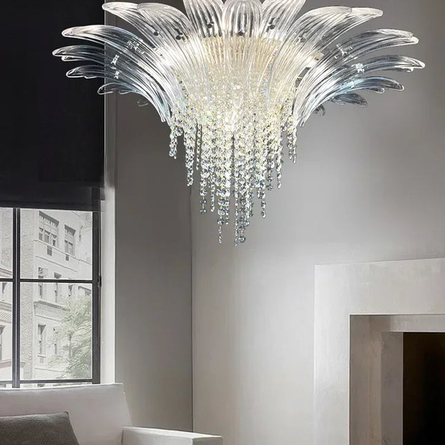 Crystelux Minimalist Petal Glass Pendant Lamp with Crystal Fringe