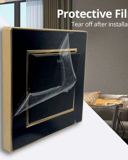 Luxurious Black Acrylic Switch Panel with Gold Accents & Universal Sockets - 220V, Multi-Gang, Modern Design - Illuminated Control Panel with USB Charging Feature