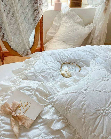 100% Cotton Ruffle Korean Princess Solid White Bedding Sets