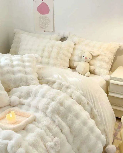 Plush Faux Rabbit Fur Bedding Ensemble with Charming Ball Accents - Duvet Cover, Sheets, and Pillowcases