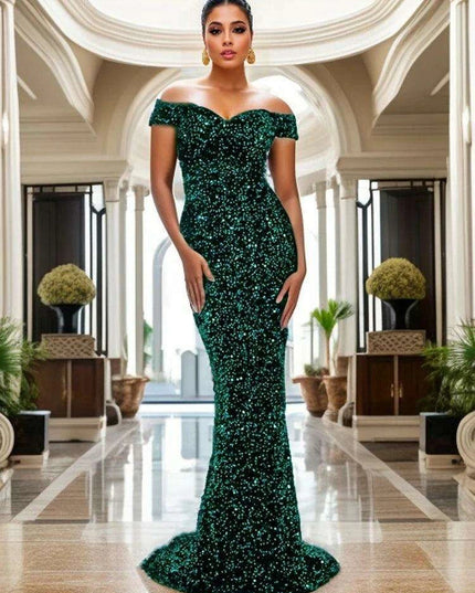 Glamorous Off-The-Shoulder Sequin Velvet Mermaid Evening Gown - Luxurious Long Dress for Women in Vibrant Red