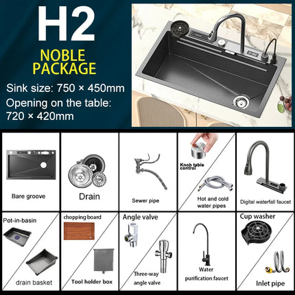 Large 304 Stainless Steel Kitchen Sink with LED Faucet, Modern