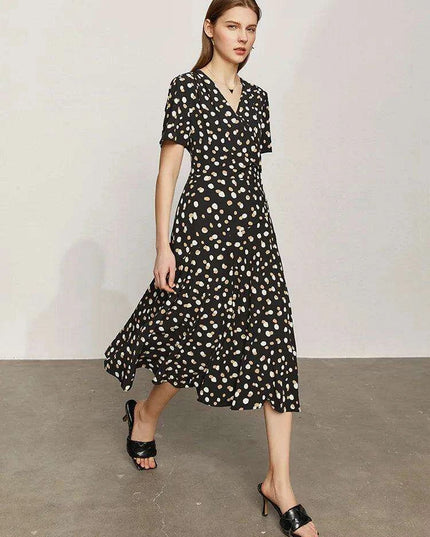 Elegant Chic Dot Print V-Neck Midi Dress for Women – Stylish Summer A-Line Chiffon Dress in White