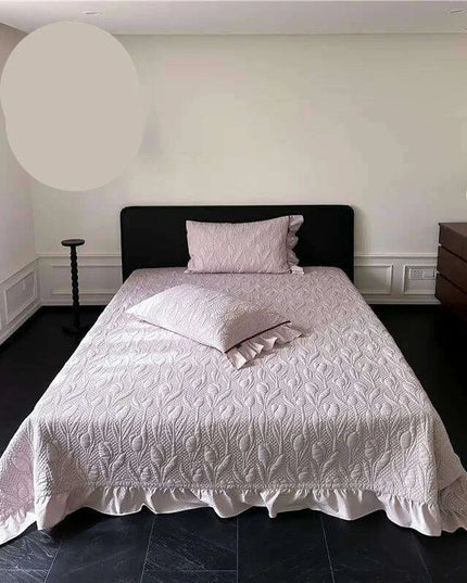 Queen Size 3-Piece Quilted Bedspread Set with Tree Leaves Motif and Pleated Trim - Soft Cotton Comfort