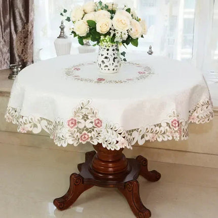 Embroidered Lace Round Tablecloth — Pastoral Rose Gold Table Linen