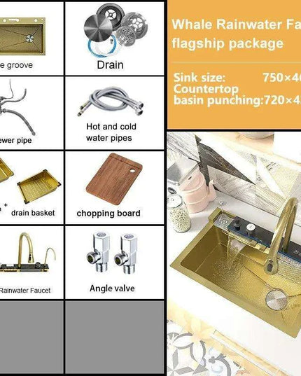 Sophisticated Golden Stainless Steel Kitchen Sink with Generous Embossed Basin - Contemporary Design & High Efficiency